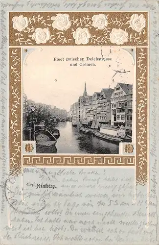 Hamburg Fleet zwischen Deichstraße u. Cremon Prägekarte mit Rosen gl1904 165.666