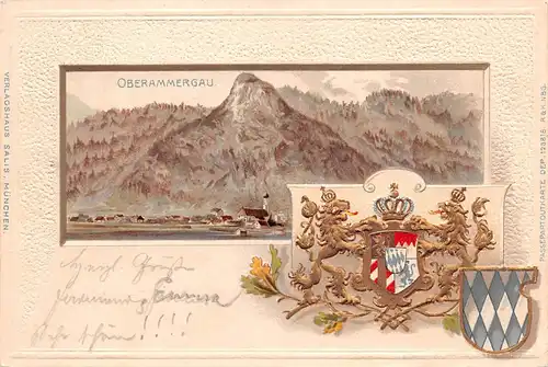 Oberammergau mit goldenem Wappen Prägekarte gl1900 166.254