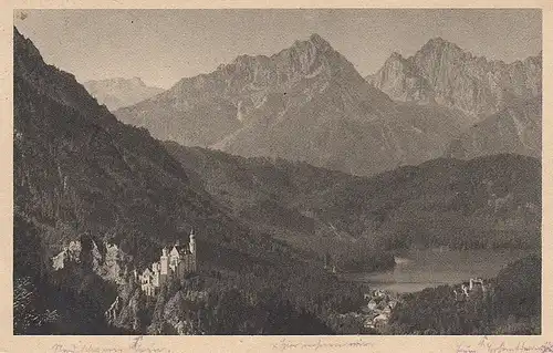 Burg Neuschwanstein mit Alpenvon der Hornburg aus gl1927 E5458