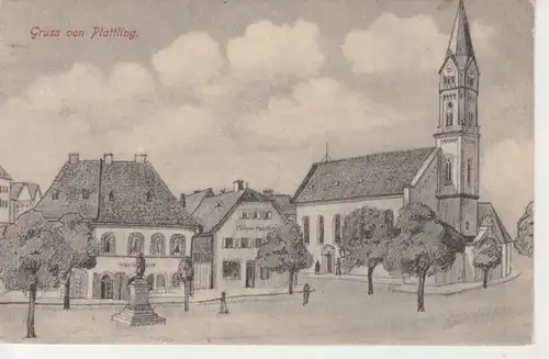 Plattling - Partie mit Metzgerei und Kirche gl1911 228.053