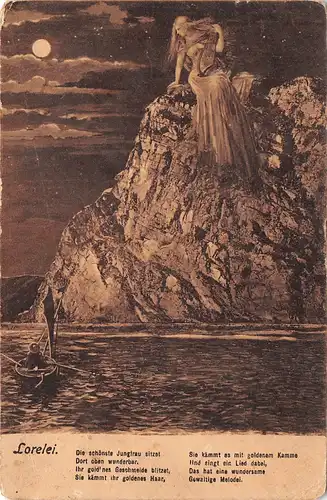 Loreley sitzt bei Mondschein auf Felsen am Rhein mit Gedicht gl19? 164.724