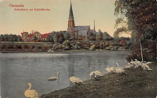 Chemnitz - Schlossteich mit Schwänen und Schlosskirche ngl 165.003
