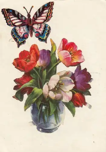 Blumen mit Schmetterling, Klebekarte gl1941 E7534