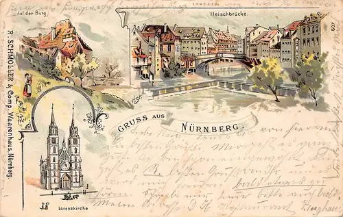 Nürnberg LITHO Lorenzkirche Burgpartie Fleischbrücke gl1898 166.486
