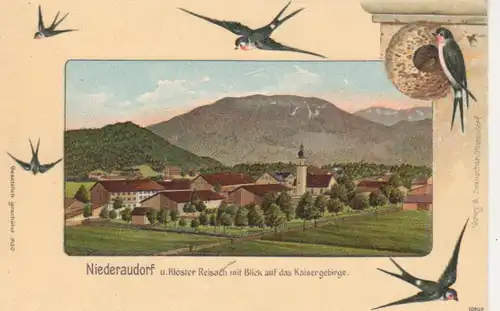 Oberaudorf - Panorama und Kloster Reisach, Schwalben, Prägekarte ngl 227.842