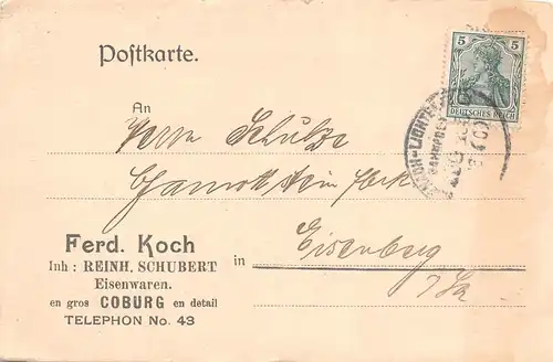 Coburg - Ferdinand Koch, Eisenwaren Inh. R. Schubert gl1909 166.800