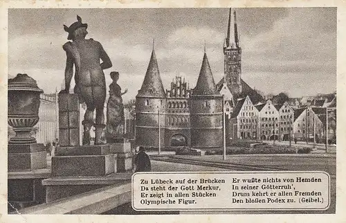 Lübeck, Merkur mit Holstentor, Petrikirche, Salzspeicher und Spruch gl1941 E5582