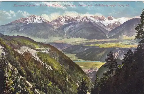 Karwendel-Bahn, Vorberg-Viadukt geg.Inntal mit Kalkkögelgruppe glum 1910? E5997