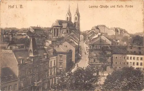 Hof i.B. - Lorenzstraße und Katholische Kirche gl1924 167.533