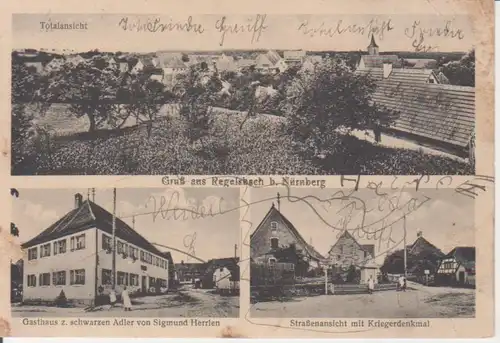 Regelsbach - Panorama, Gasthaus Adler, Straßenansicht mit Denkmal gl1938 228.262
