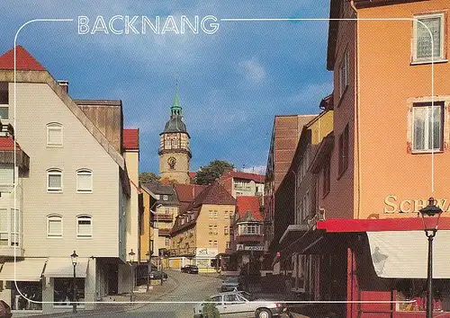 Backnang, Blick vom Obstmarkt zum Stadtturm gl1988 E6448