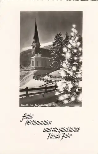 Weihnachten-u.Neujahr-Wünsche, Kirche u.Weihnachtsbaum glum 1960? E7437