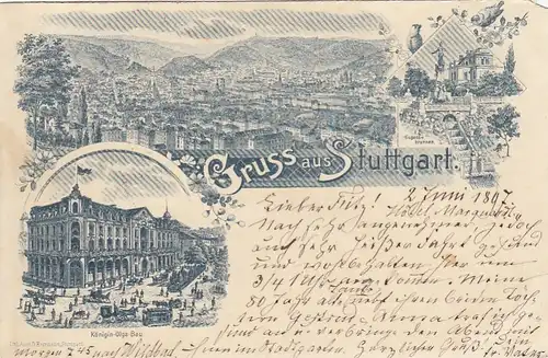 Stuttgart, Panorama, Eugensbrunnen und Königin Olga-Bau, Litho gl1897 E7019