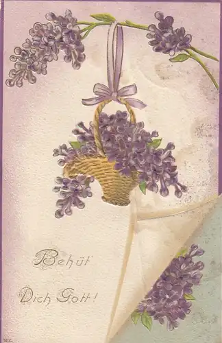 Blumen-Gruß "Behüt Dich Gott" mit Veilchen, Prägedruck glum 1910? E7528