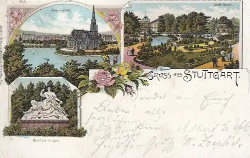 Stuttgart, Johanneskirche, Stadtgarten, Eberhard-Gruppe, Litho gl1900 E7030