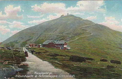 Riesengebirge, Riesenbaude mit Schneekoppe ngl E8933