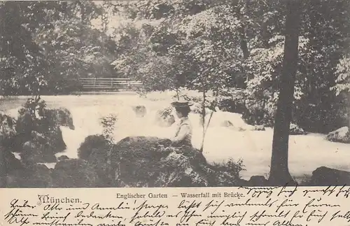 München, Englischer Gartem, Wasserfall mit Brücke gl1903 E8348