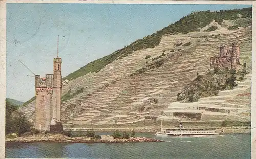 Der Mäuseturm bei Bingen mit Ruine Ehrenfels am Rhein glum 1930? E8637