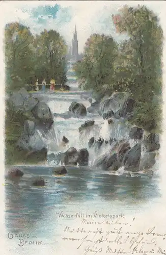 Berlin, Wasserfall im Victoriapark - Litho gl1903 E8107