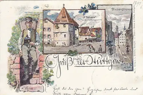 Stuttgart, "S'Türmle" Catharinenplatz, Rosenstraße, Wengerter, Litho gl1897 E7027