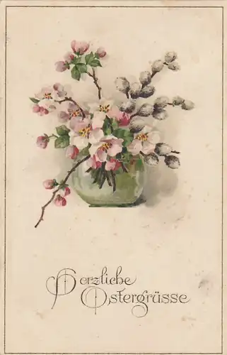Ostern-Wünsche mit Obstblüten-Vase glum 1910? E7443