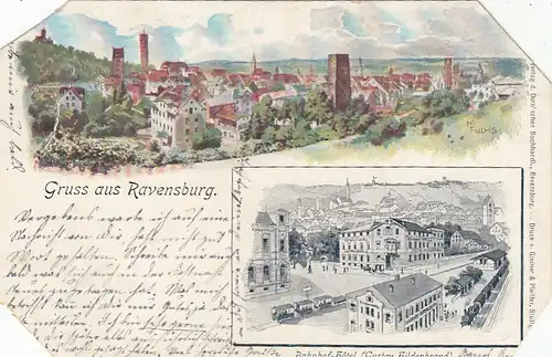 Ravensburg, Litho, Panorama, Bahnhof und Bahnhofs-Hotel gl1899 E9882