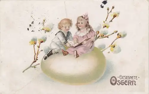 Ostern-Wünsche mit Kindern auf Osterei glum 1910? E8210