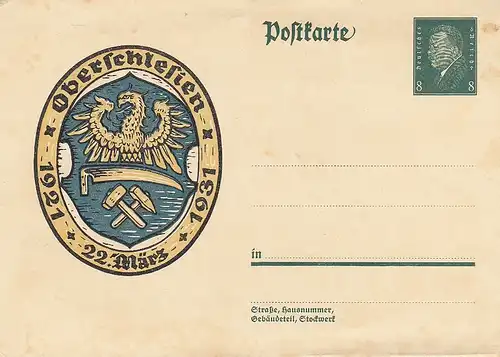 Oberschlesien 1921 - 22. März - 1931, Wappen Ganzsache ngl F1285