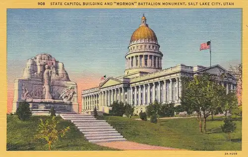 Salt Lake City, Utah, State Capitol Buildg a. "Mormon" Battalion Monum. ngl E8680