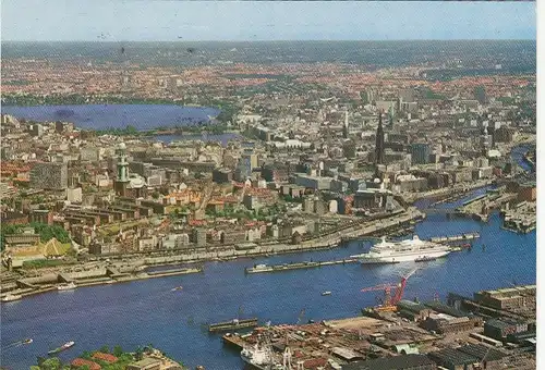 Hamburg, Panorama vom Hafen Richtung Stadt gl1985 F5231