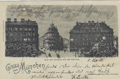 München, Blick vom Karlstor auf den Bahnhof, Mondscheinkarte gl1899 F4767