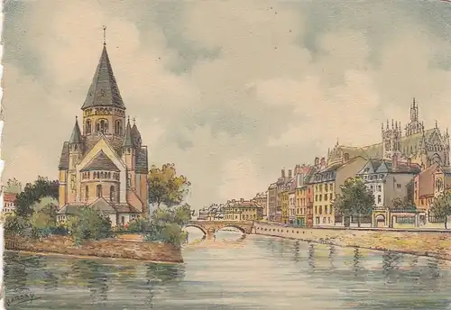 Metz (Moselle), La Moselle, Le Temple et la Moselle ngl F2592