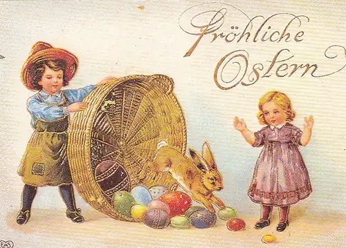 Ostern-Wünsche, Kinder mit Eier-Korb ngl F2336