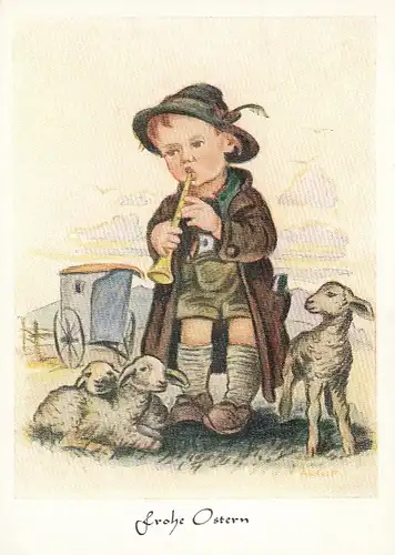 Ostern-Wünsche, Schäfer mit Osterlämmchen ngl F3178
