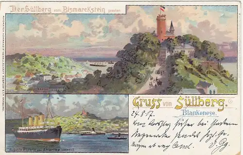 Blankenese (Hamburg), Blick vom Bismarckstein zum Süllberg, Litho gl1907 F5099