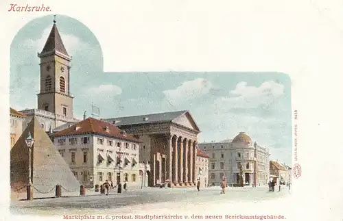 Karlsruhe, Marktplatz mit Stadtpfarrkirche und Bezirksamt, Litho ngl F1561