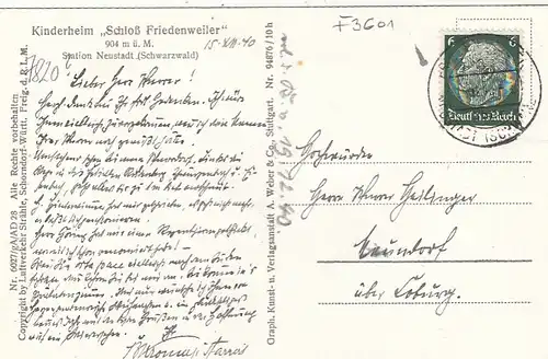 Neustadt, Schwarzwald, Kinderheim Schloß Friedenweiler gl1940 F3601