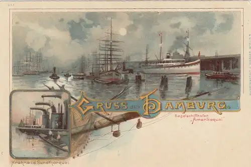 Gruß aus Hamburg, Segelschiffhafen, Sandthorquai, Mondschein-Litho ngl F5080