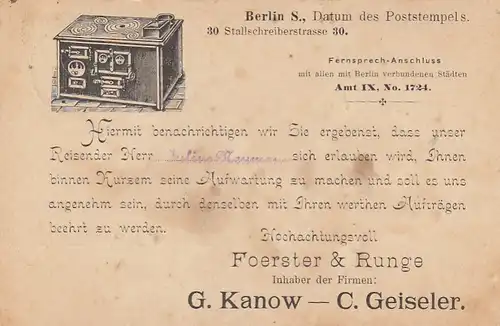 Berlin, Förster & Runge, Reisenden-Anmeldung, Vorläufer gl1892? F7177