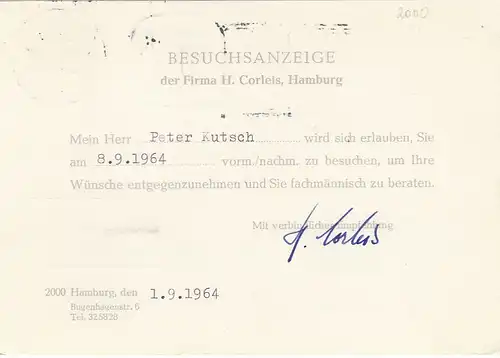 Hamburg, Besuchsanzeig Fa.Corleis, Handarbeitsnadeln gl1939 F5576