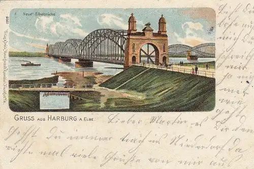 (Hamburg), Gruss aus Harburg, Neue Elbbrücke, Litho gl1902 F5633