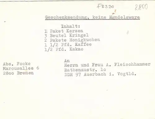 Bremen, Geschenksendungs-Verzeichnis, Focke-Anwesen ngl F8320