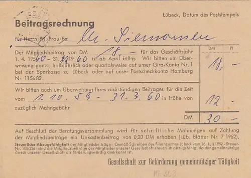 Lübeck, Beitragsrechnung der Ges.z.Beförd.gemeinnütziger Tätigkeit gl1960 F7937