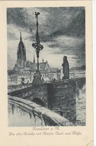 Frankfurt a.M., Alte Brücke mit Kaiser Karl und Hahn ngl F9613