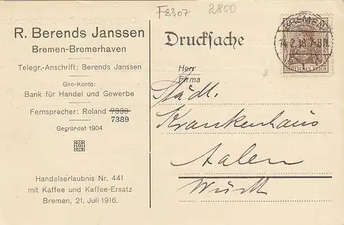 Bremen-Bremerhaven, Kaffee-Ersatz-Angebot, Fa.R.Berends Janssen gl1918 F8307