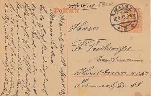 Ganzsache aus Mainz am Rhein, gl1918 F9200
