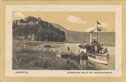 Burgruine Polle an der Weser, mit Weserdampfer gl1920 G2643
