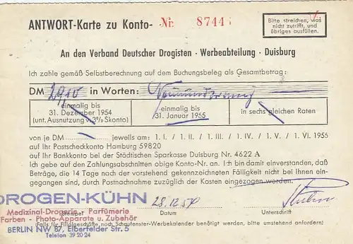 Berlin, Verband Deutscher Drogisten, Zahlungsmitteilung gl1954 F7257