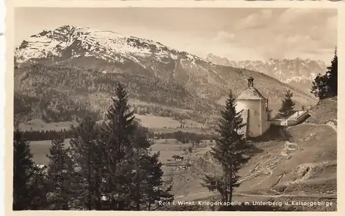 Reit im Winkl, Kriegerkapelle mit Untersberg und Kaisergebirge ngl G0018