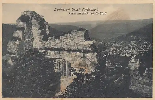 Bad Urach, Burgruine Hohenurach mit Blick auf die Stadt glum 1920? F9659